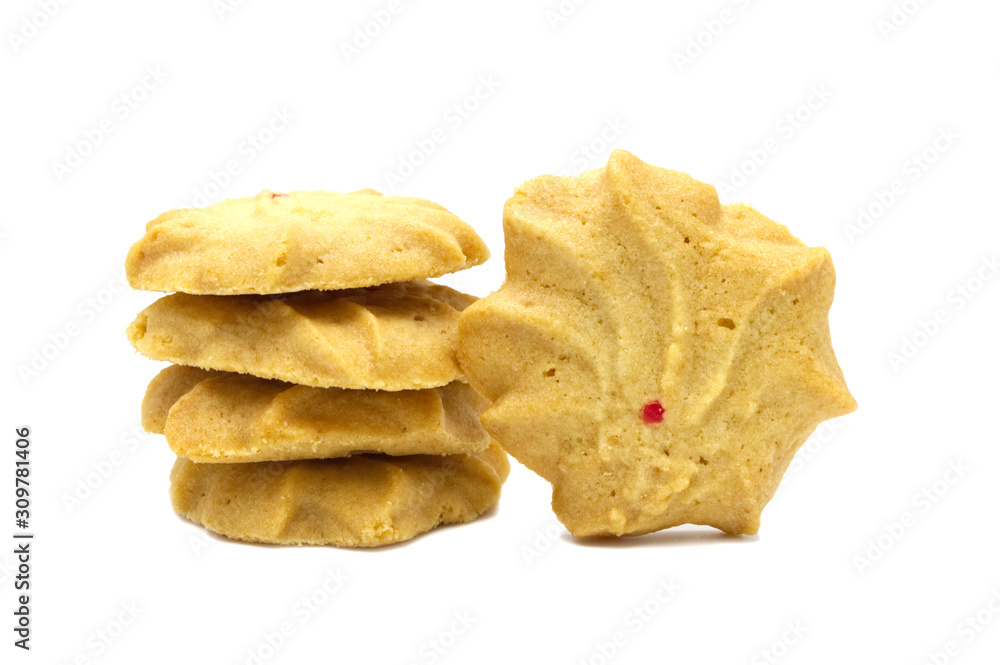 Biscuit with milk, Butter and honey flavored. A stack of crunchy delicious sweet meal and useful cookie. Isolated on white background. The red point on top cracker. Biscuit with milk, Butter and honey flavored. A stack of crunchy delicious sweet meal and useful cookie. Isolated on white background. The red point on top cracker.