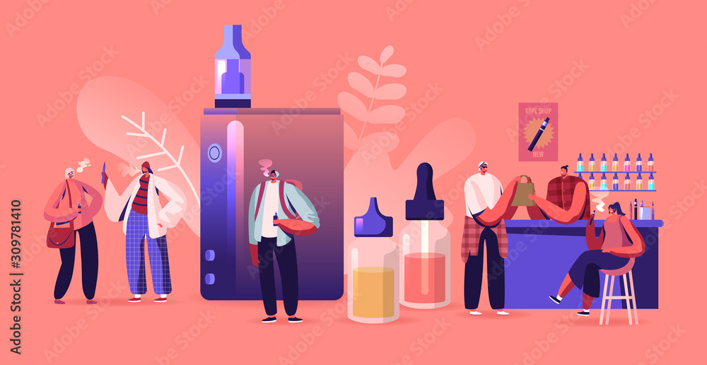 Vape Shop Business Concept. Urban Hipster in Store Selling Electronic Cigarette Products, Vaporizers Selection of E-liquids Buying and Enjoy Vaping Breathe in Nicotine Cartoon Flat Vector Illustration Stock Vector - Adobe Stock
