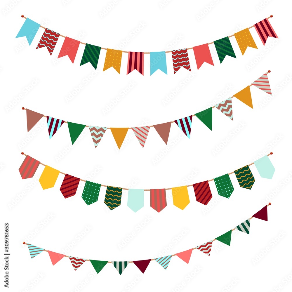 Bunting set. Party flags garland with ornament decor on streamers for festival event or celebrating of birthdays vector banners Bunting set. Party flags garland with ornament decor on streamers for festival event or celebrating of birthdays vector banners