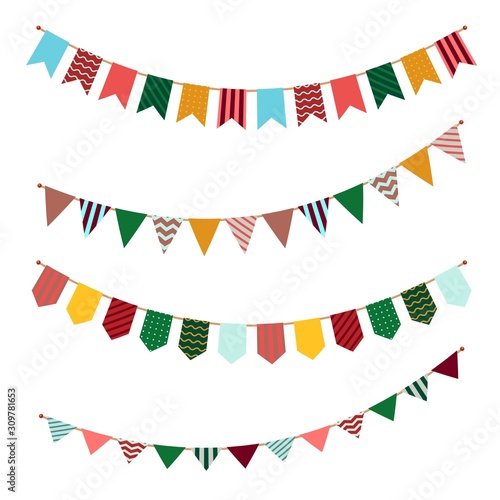 Bunting set. Party flags garland with ornament decor on streamers for festival event or celebrating of birthdays vector banners