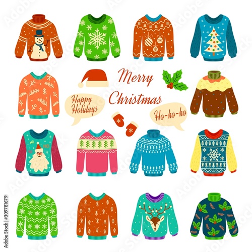 Christmas jumper. Xmas cozy funny sweater with ugly print for traditional party cartoon vector clothes set