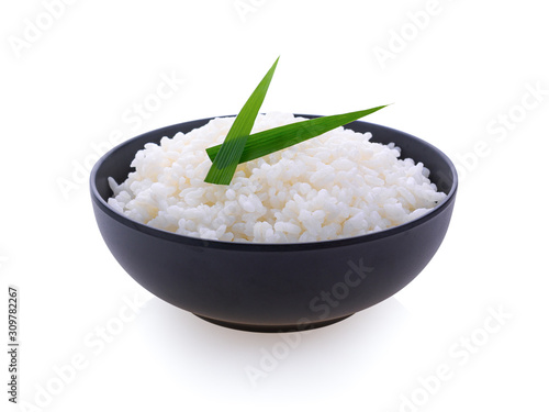 Fototapeta Japanese rice in black bowl  on white background
