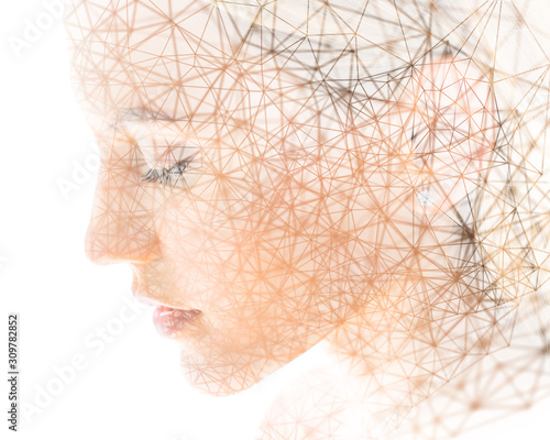 Double exposure portrait of a blonde woman