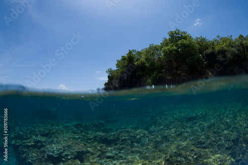 Underwater half photo, split photo. Mount Agung, Tulamben, Bali, Indonesia. Diving and underwater photography. Wide anle photo with fisheye lens.