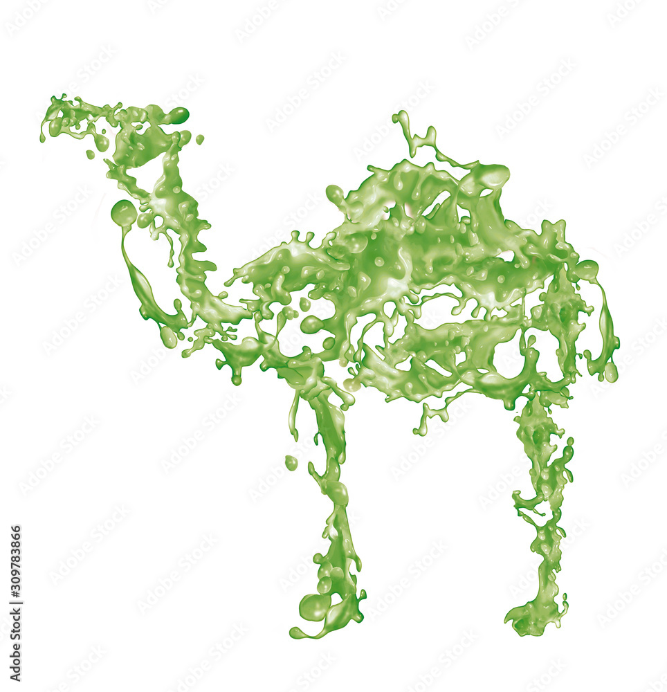 Fototapeta premium giclé de lait, mante , en forme de dromadaire, camel, lait de dromadaire, chameau, exploitation laitière, clapoter, blanc, illustration, conception, décoration, , 3-d, nature, liquide, symbole, Arab
