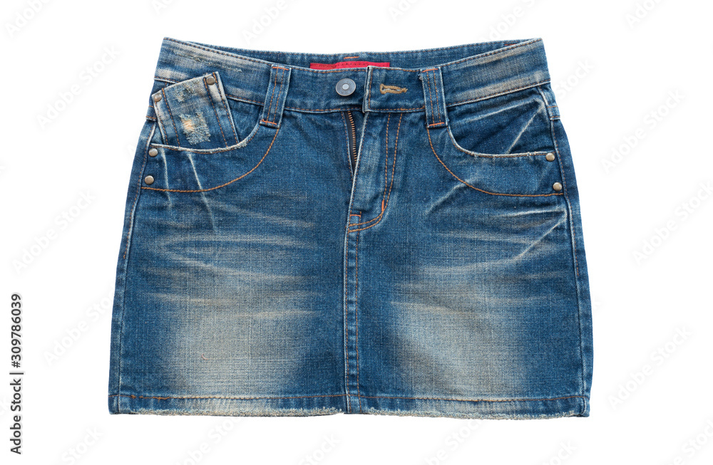 Old denim jeans texture background, part of blue jeans skirt with metal Botton ,zip and blue label, design for costume fashion, garment factory business or advertisement (with clipping path) Old denim jeans texture background, part of blue jeans skirt with metal Botton ,zip and blue label, design for costume fashion, garment factory business or advertisement (with clipping path)
