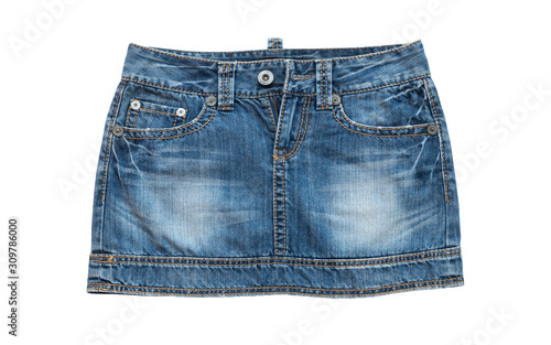 Old blue jeans skirt with metal button and zip ,denim jeans texture isolated on white  background, design for vintage style fashion advertisement or garment factory business (with clipping path)