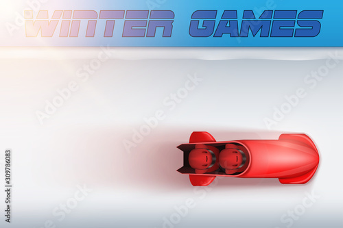 View of Bobsleigh Track with red bobsled and athletes in motion. Vector Illustration Background