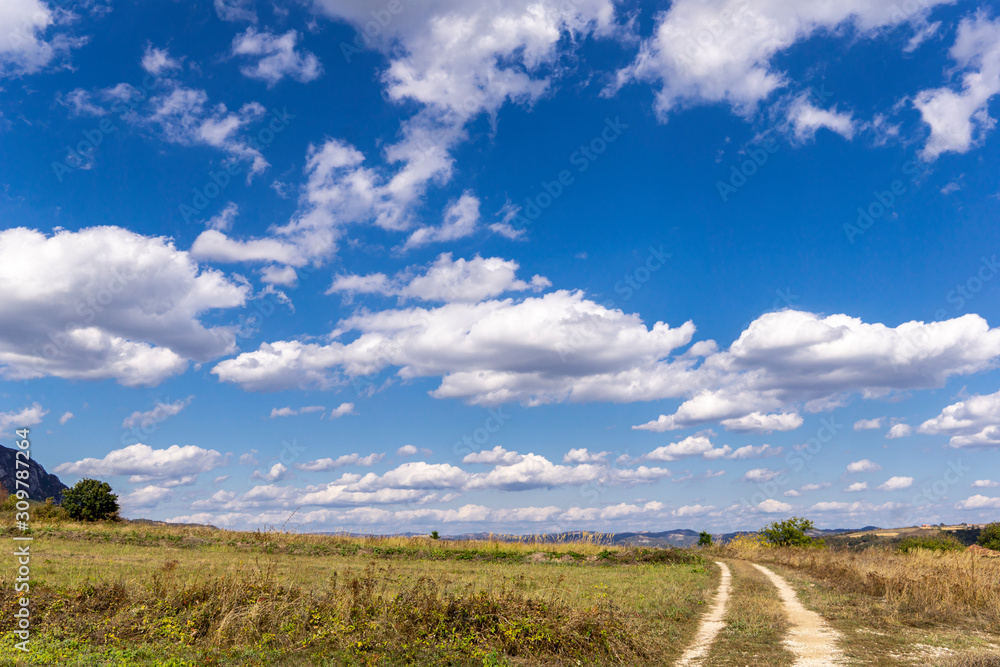 Dirty old country road in autumn green field Dirty old country road in autumn green field