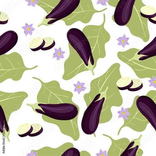 Eggplant seamless pattern with white background. Vector graphics.