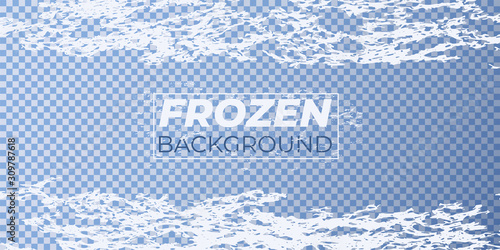 Abstract winter background with white ice pattern made frost on blue transparent texture. Ice effect on frozen glass window. Horizontal border snow frame. Vector illustration