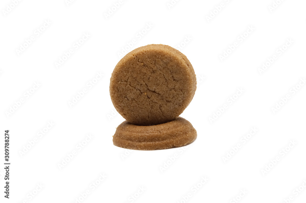 Fototapeta premium Mini cookies Chocolate malt flavored. Biscuits of crunchy delicious sweet meal and useful cracker. Isolated on white background.