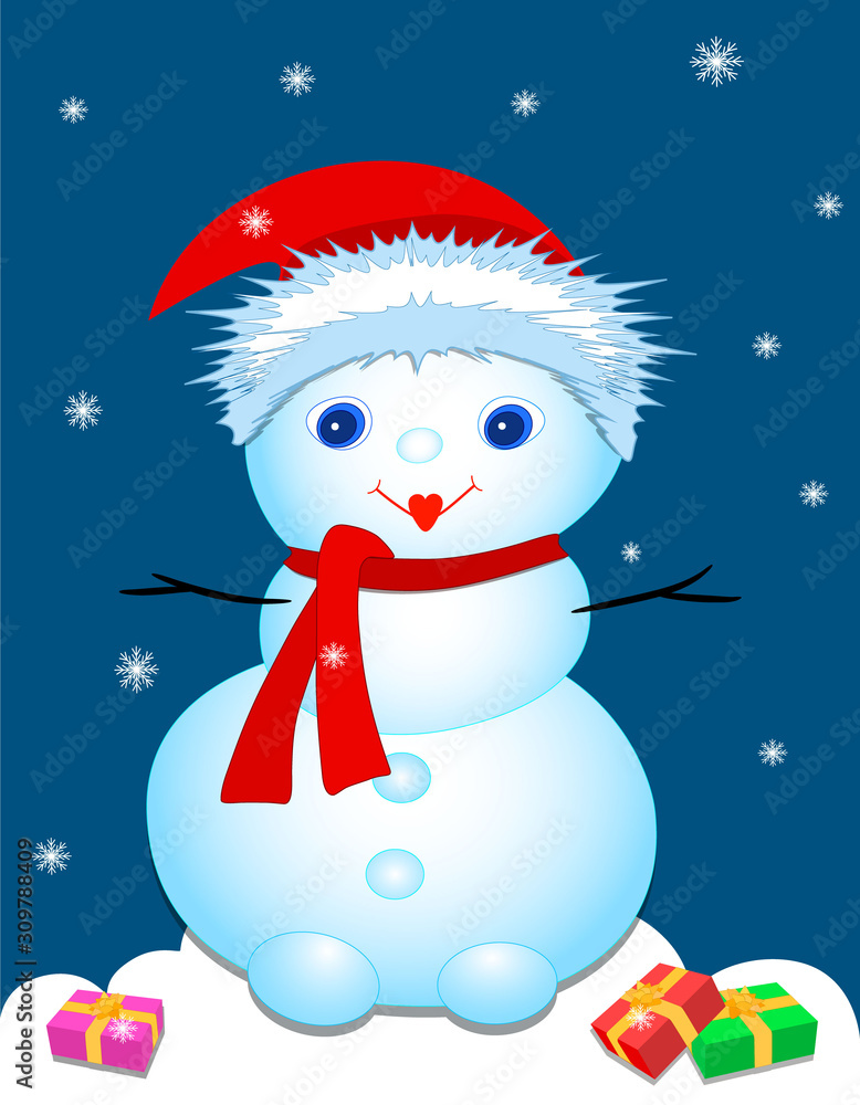 Naklejka premium Snowman in a hat, scarf. New year gift. Blue with snowflakes. Illustration