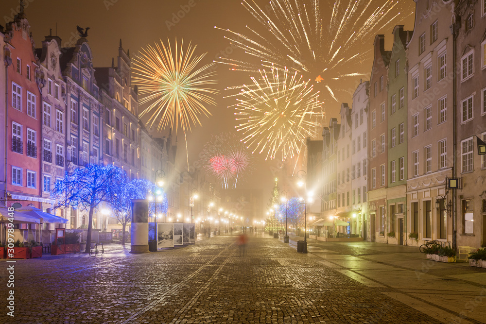 Happy New Year fireworks over Old Town of Gdansk. Poland, Europe