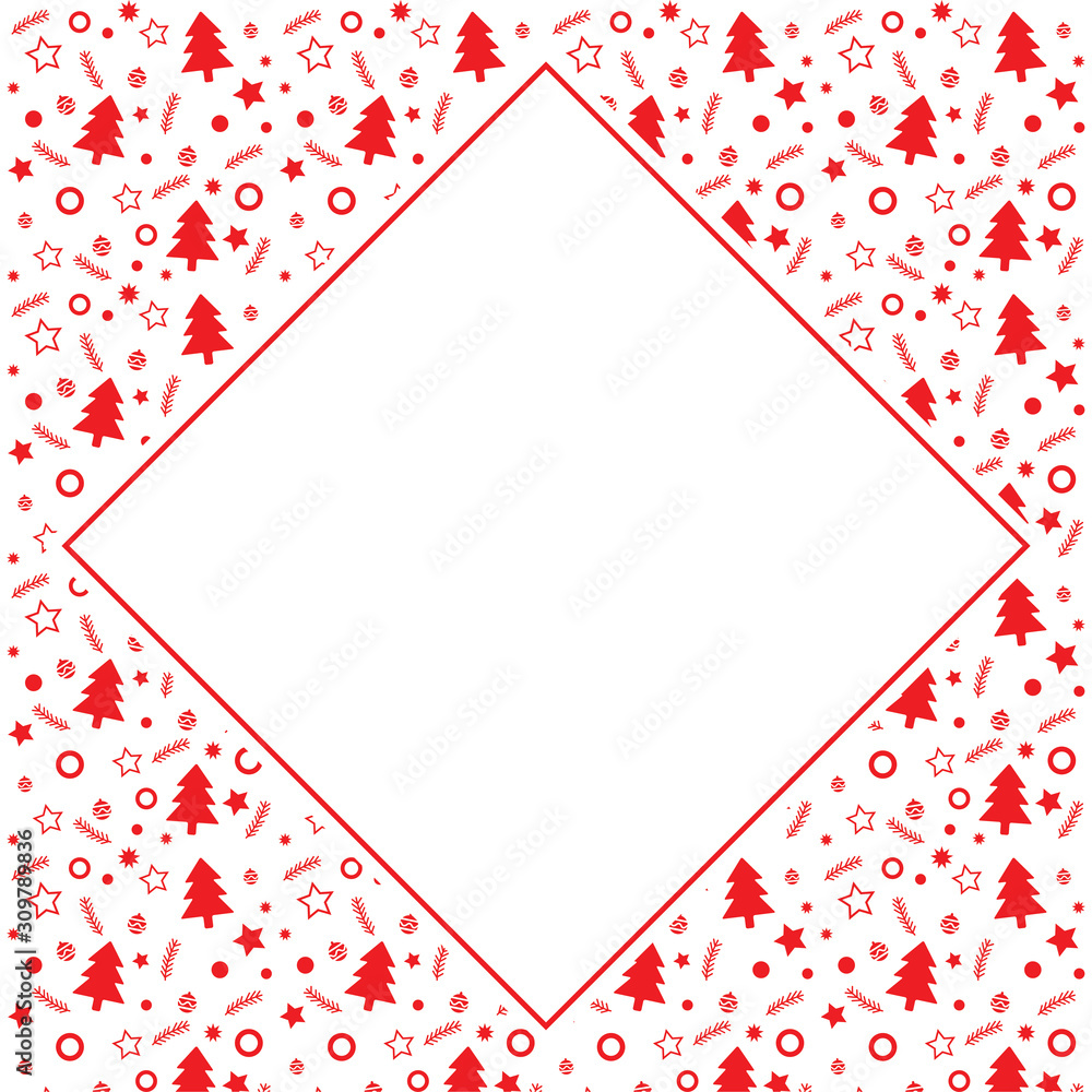 Frame with blank space for text. Border of xmas toys, tree and stars. Vector for Christmas and New Year greeting card, banner, invitation, packaging design, illustration pattern Frame with blank space for text. Border of xmas toys, tree and stars. Vector for Christmas and New Year greeting card, banner, invitation, packaging design, illustration pattern