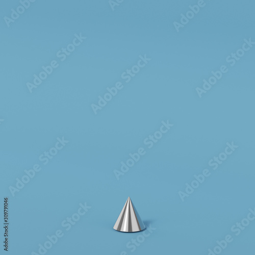 3d render of abstract composition with steel cone in the center  placed on a blue pastel background.