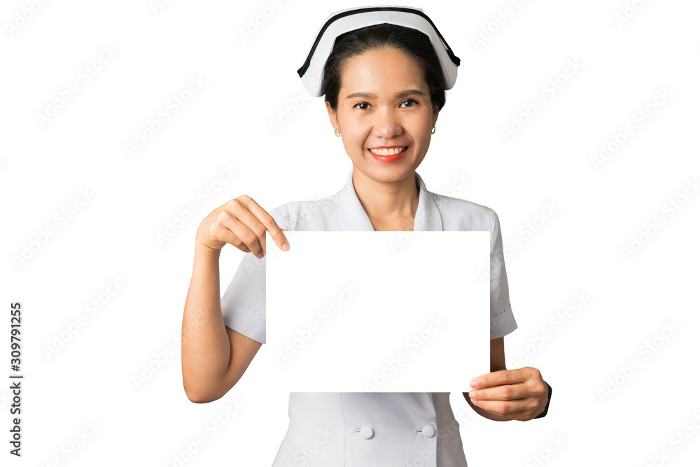 Asian female nurse is holding the white paper and smiling to the camera. This photo also has clipping paths on the nurse and white paper. Asian female nurse is holding the white paper and smiling to the camera. This photo also has clipping paths on the nurse and white paper.