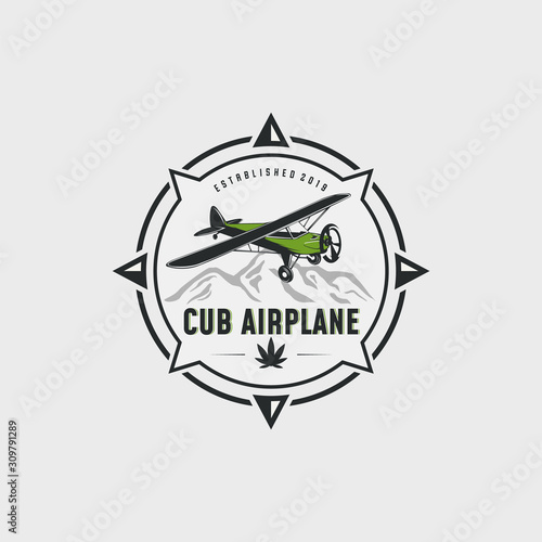 Cub airplane with compass logo design illustration. Cub ariplane vector