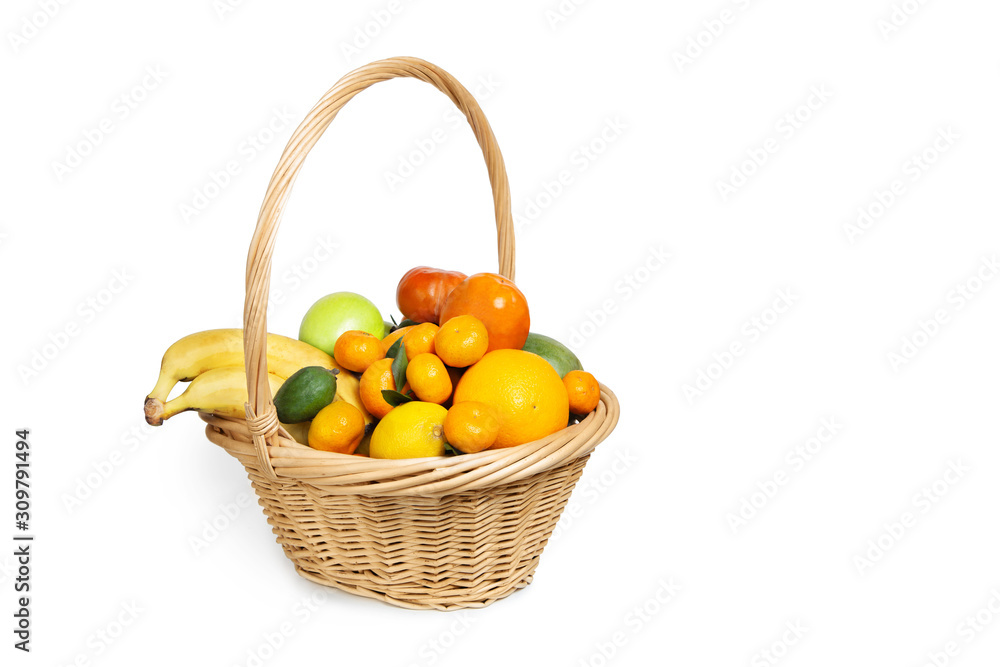 Wicker basket with fruits on a white isolated background. Wicker basket with fruits on a white isolated background.