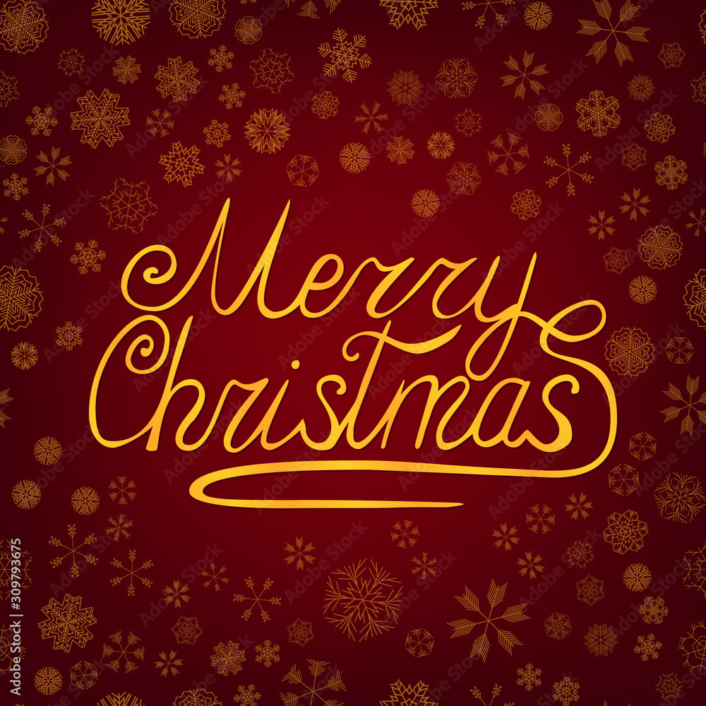 vector golden lettering merry christmas - luxury greeting card with snowflakes