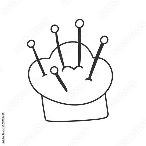 Needle pad, cushion for sewing pins, dressmaking and fashion symbol. Simple doodle drawing, good as logo or icon.