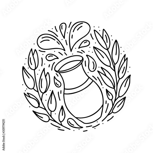 Cartoon krynka with isolated sprigs of oats or wheat. Round doodle template of oat milk. Hand drawn vector concept. Contour illustration for emblem, sticker, banner. Black and white image