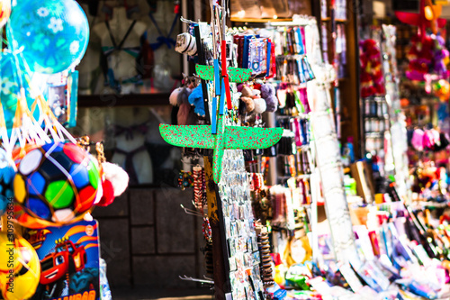 Toys and souvenirs sold on the street in the downtown of the balneal treatment resort Herculane, Romania, 2019 photo