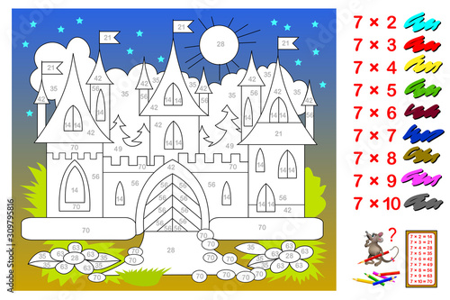 Multiplication table by 7 for kids. Math education. Coloring book. Need to paint the castle corresponding to numbers. Logic puzzle game. Printable worksheet for children textbook. Back to school.