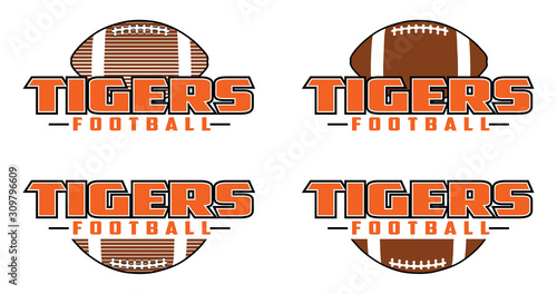 Tigers Football Design is a team design template that includes text and a football in a graphic style. Includes four design versions. Great for advertising and promotion for teams or schools.