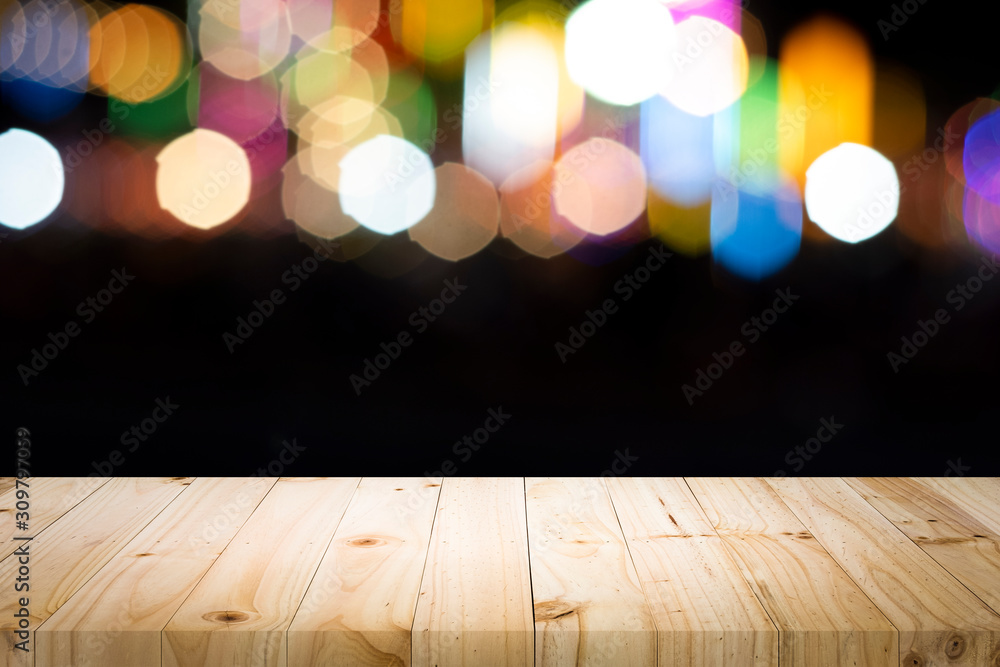 Empty wooden table platform and bokeh at night Empty wooden table platform and bokeh at night