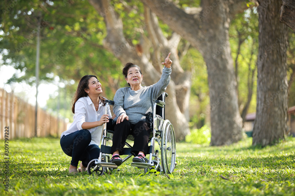 Asian senior woman sitting on the wheelchair with her daugther family happy smile face on the green park Asian senior woman sitting on the wheelchair with her daugther family happy smile face on the green park