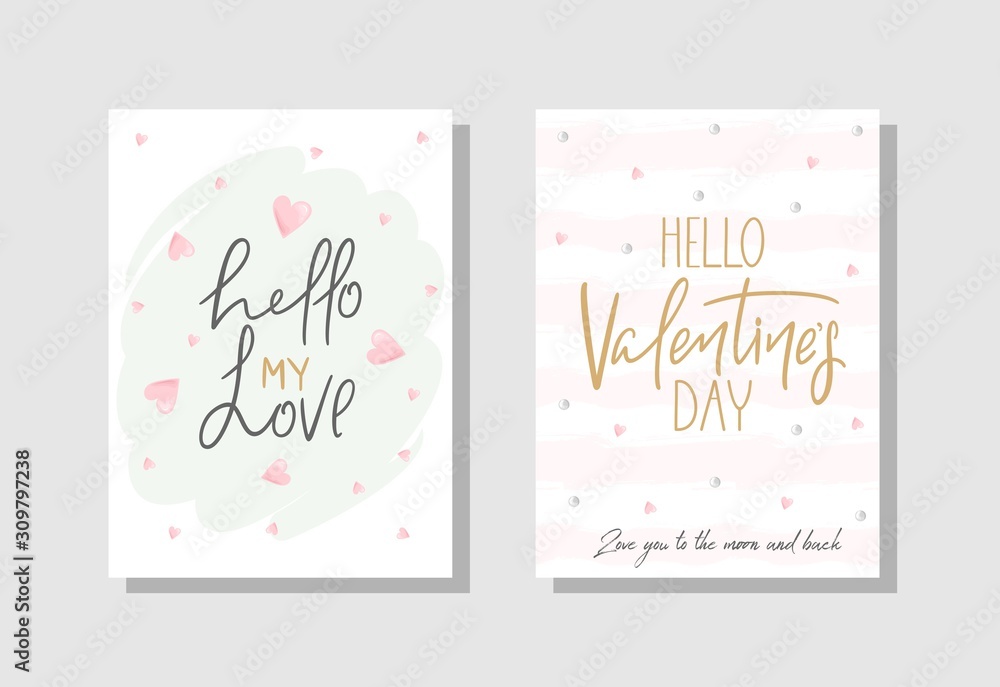 Set of Valentine's day Greeting cards with flowers, sweets, branches, romantic elements and handwritten text.  Vector illustration. Template for invitation, greeting, greetings, posters.