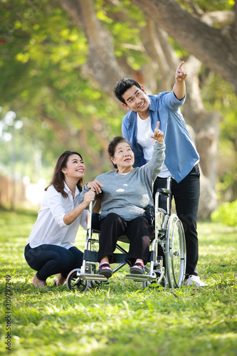 Asian senior woman sitting on the wheelchair with family happy smile face on the green park