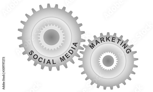 Social media branding concept. Abstract background with connected gears. Vector infographic illustration.