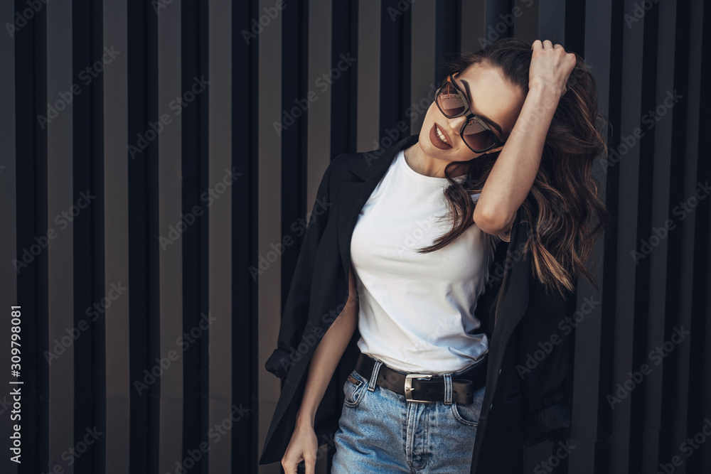 Fashion Portrait of Stylish Pretty Brunette Young Woman Outdoor Fashion Portrait of Stylish Pretty Brunette Young Woman Outdoor