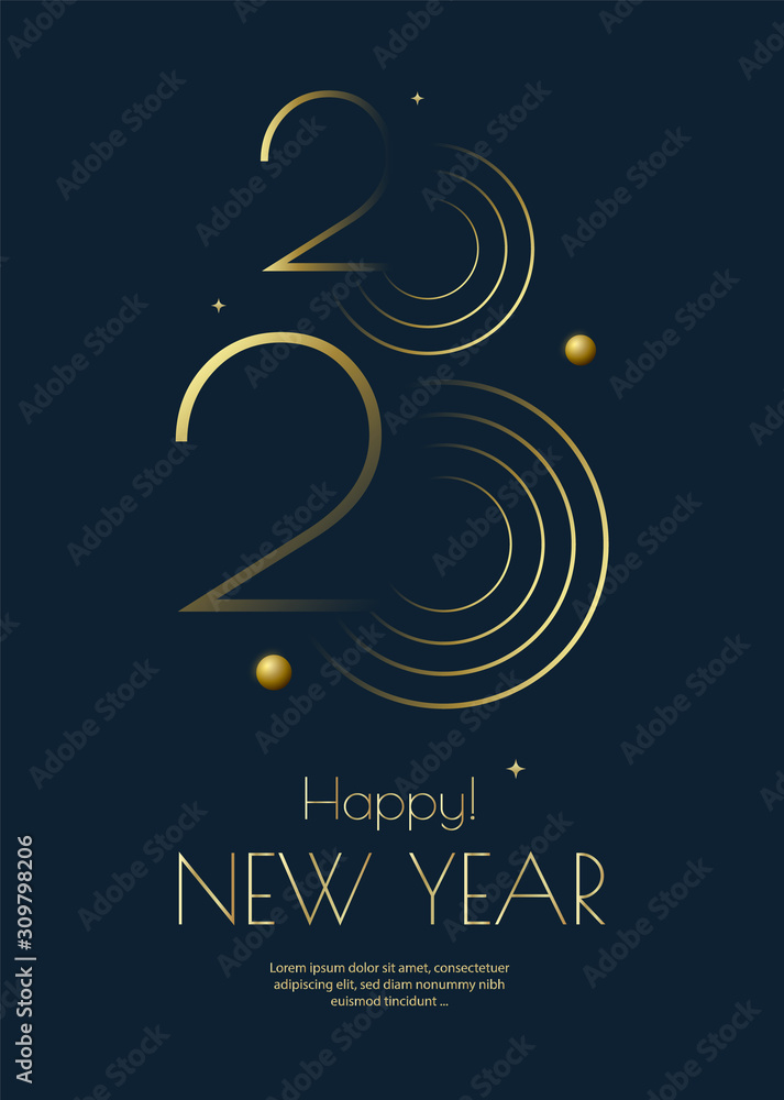 Happy New Year 2020 greeting card design with gold elements Happy New Year 2020 greeting card design with gold elements