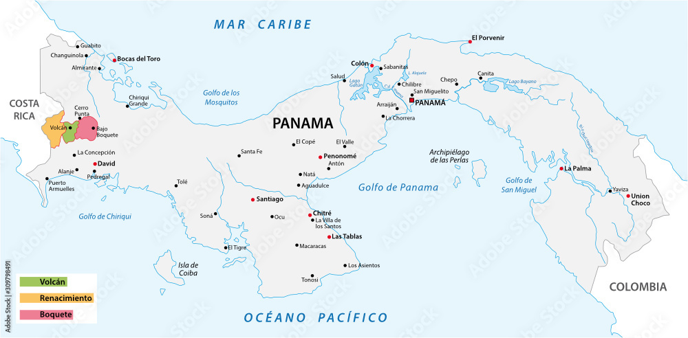 Map of the coffee growing areas of Panama