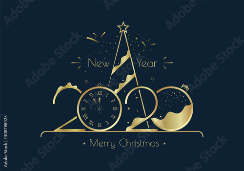 Happy New Year 2020 greeting card design with gold elements