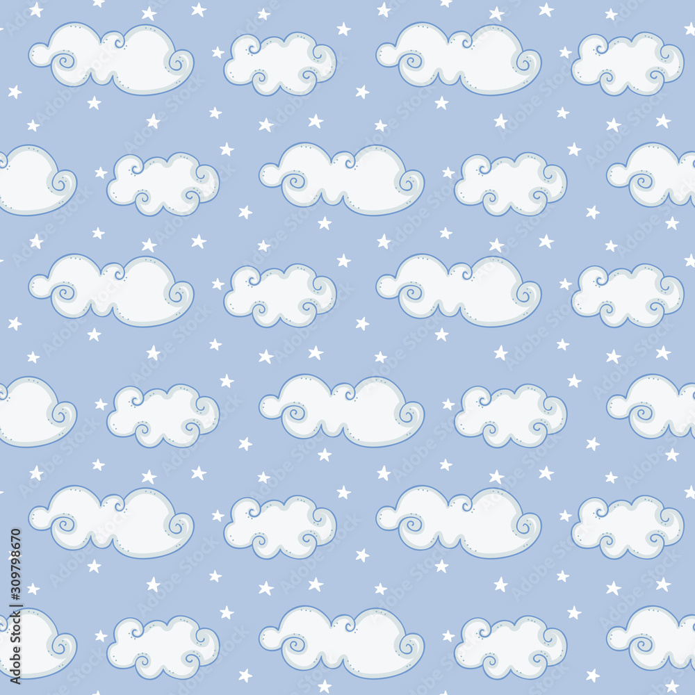 Blue seamless background with clouds and stars