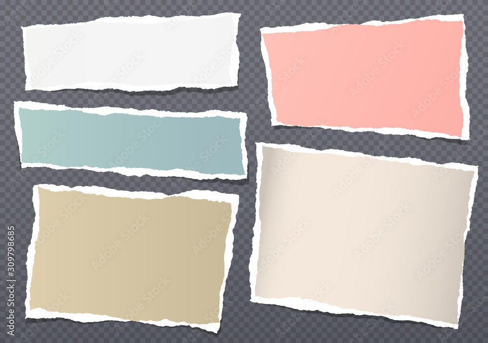 Obraz premium Set of torn white and colorful note, notebook paper pieces stuck on black background. Vector illustration