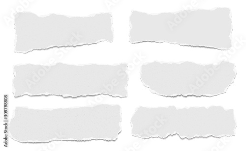 Set of torn white note, notebook paper pieces stuck on white background. Vector illustration