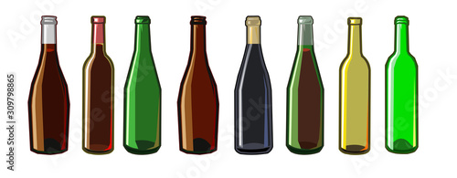 The bottles. Vector. Wine bottles of different colors in cartoons flat style. Isolated objects on a white background. Seth: Black, brown and green bottles.