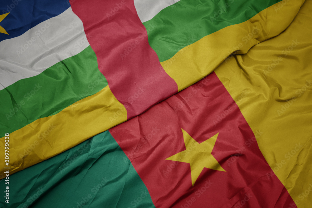 waving colorful flag of cameroon and national flag of central african republic. waving colorful flag of cameroon and national flag of central african republic.