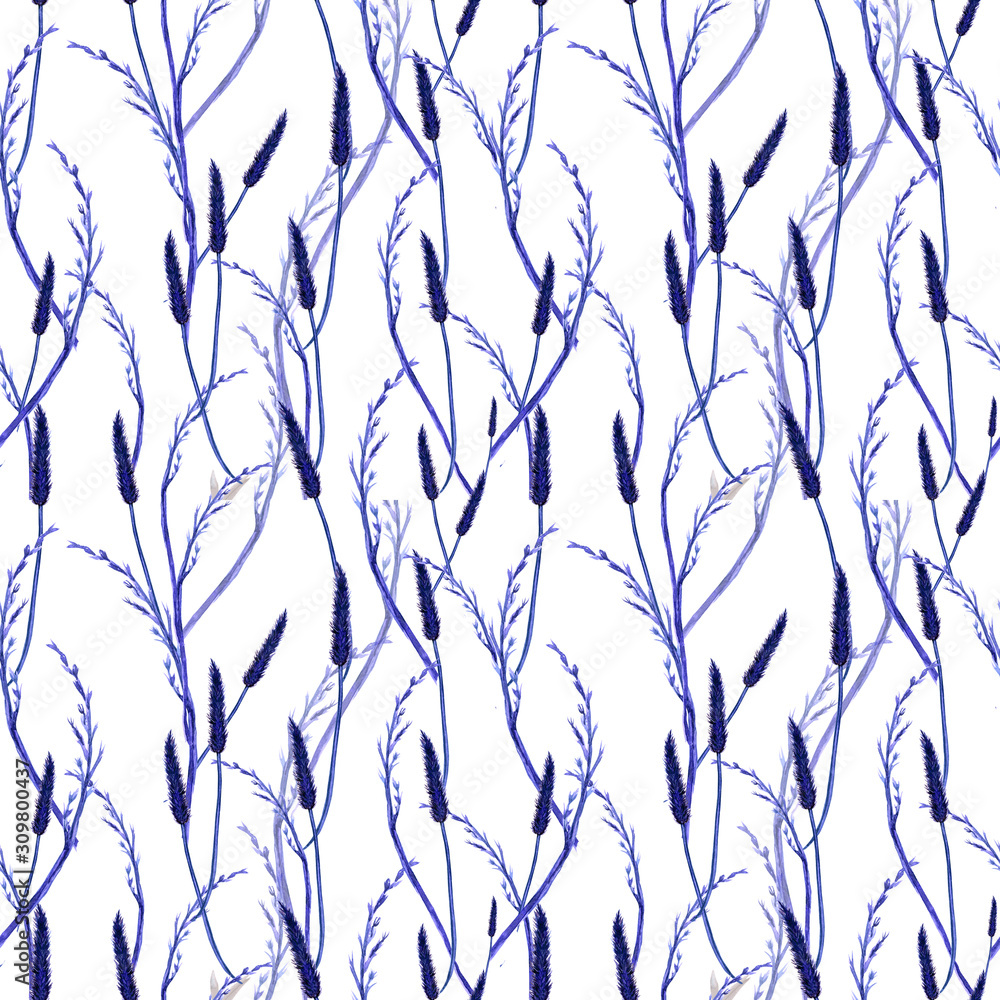 Seamless pattern with blue cereals. Barley, wheat, rye, oat. Collection decorative floral design elements. Isolated elements. Vintage watercolor illustration in watercolor style. Seamless pattern with blue cereals. Barley, wheat, rye, oat. Collection decorative floral design elements. Isolated elements. Vintage watercolor illustration in watercolor style.