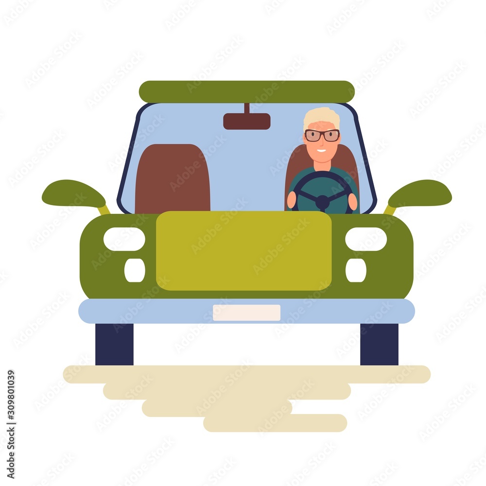 Funny people driving cars isolated on white background. Men in automobile. Front view. Colorful vector illustration in flat cartoon style. Funny people driving cars isolated on white background. Men in automobile. Front view. Colorful vector illustration in flat cartoon style.