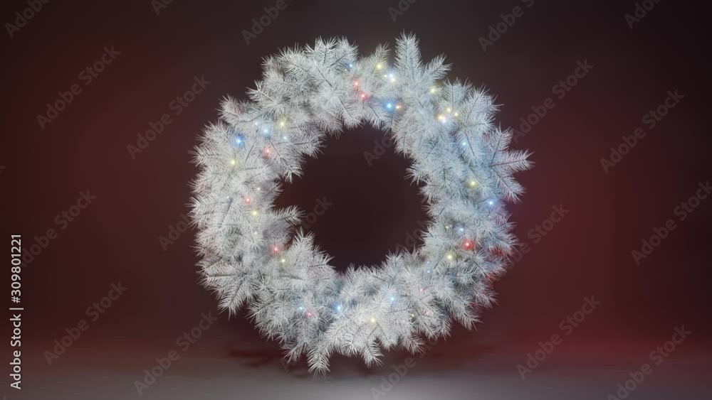 Christmas garland of white Christmas tree branches and bulbs spinning in space on a neon background. Christmas background. The new year 2025. 3D looped 4K animation Christmas garland of white Christmas tree branches and bulbs spinning in space on a neon background. Christmas background. The new year 2025. 3D looped 4K animation
