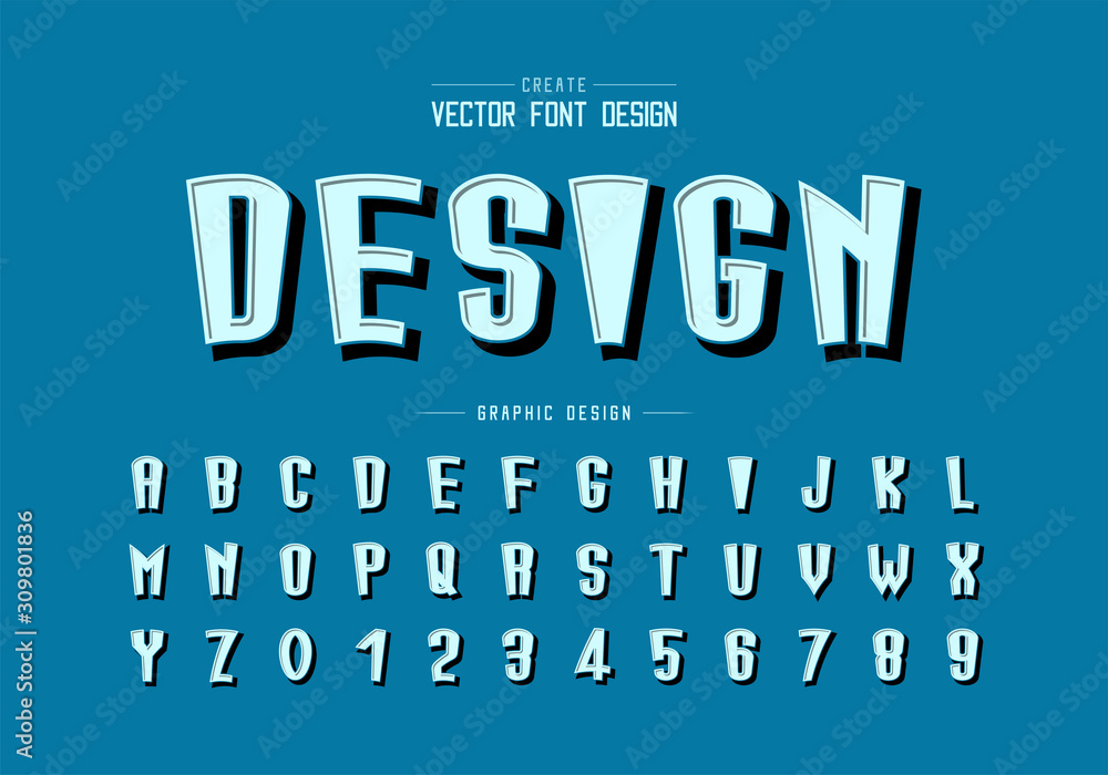 Cartoon font and black shadow alphabet vector, Tall typeface letter and number design