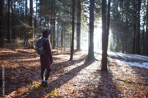 Woman Walks In Autumn Forest With Sun Shining