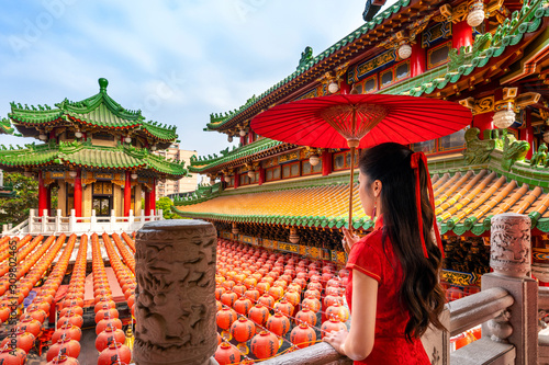 Asian woman in chinese dress traditional at Sanfeng Temple in Kaohsiung, Taiwan. photo