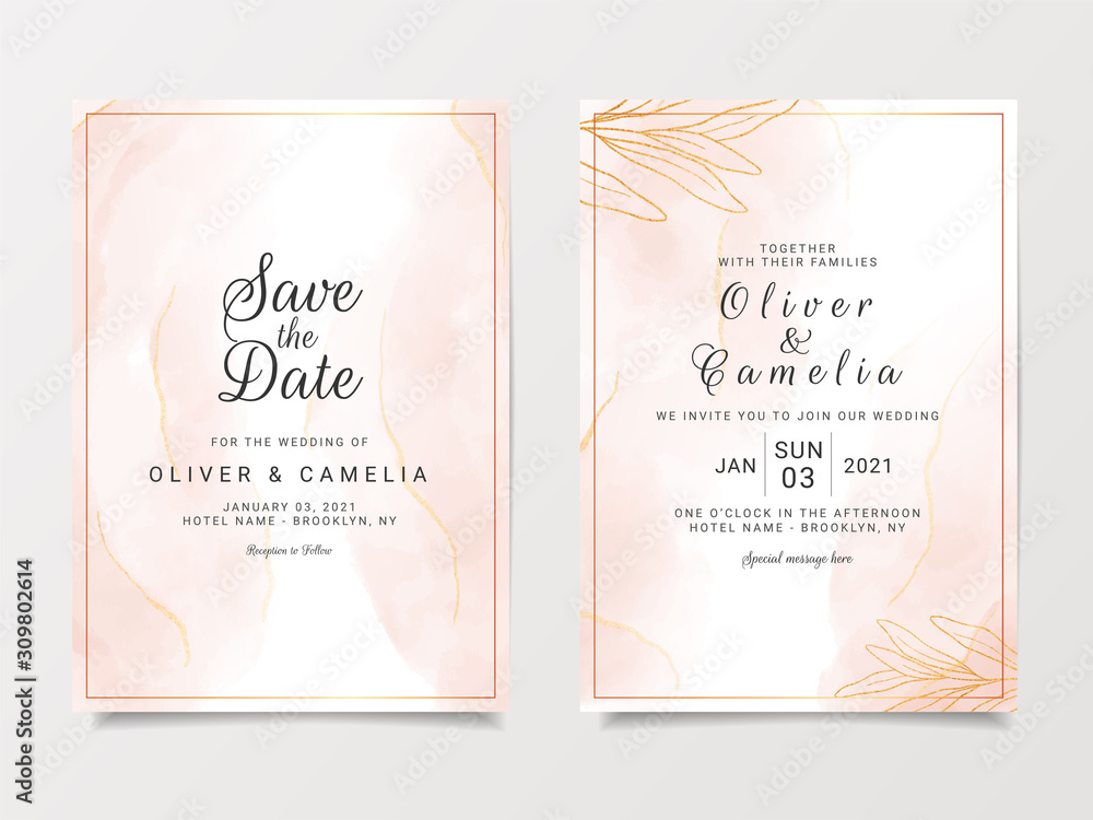 Gold peach watercolor wedding invitation card template set with line decoration. Abstract background save the date, invitation, greeting card, multi-purpose vector